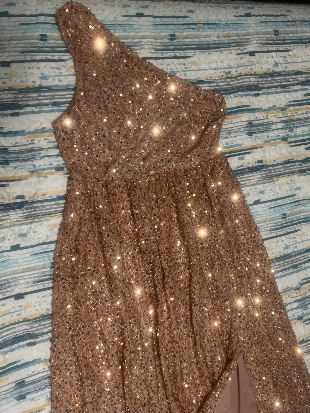 One-Shoulder Rose Gold Sequin Evening Gown